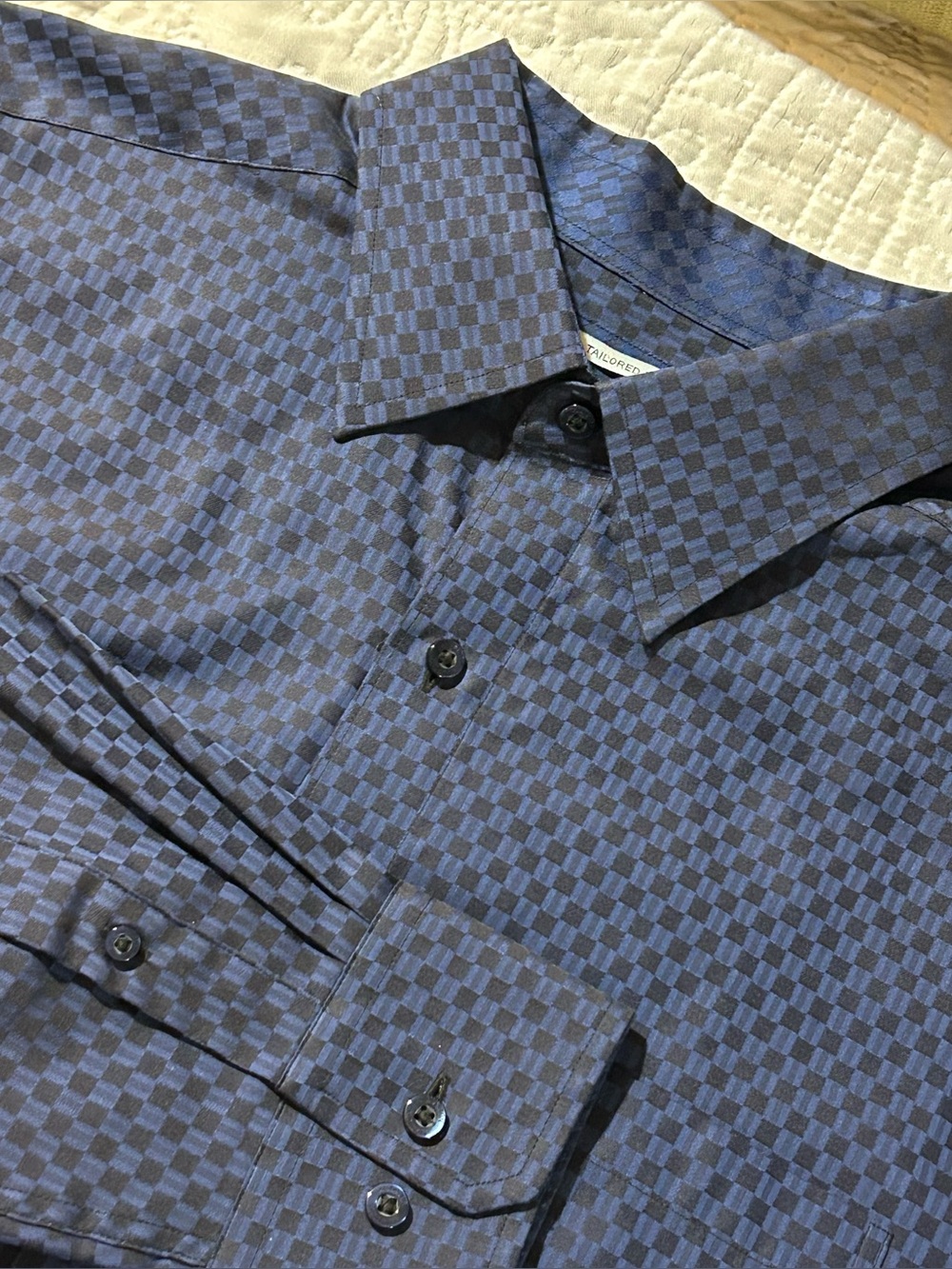 Johnston & Murphy Tailored Fit Blue Long Sleeve Buttondown Microprint Logo Sz L